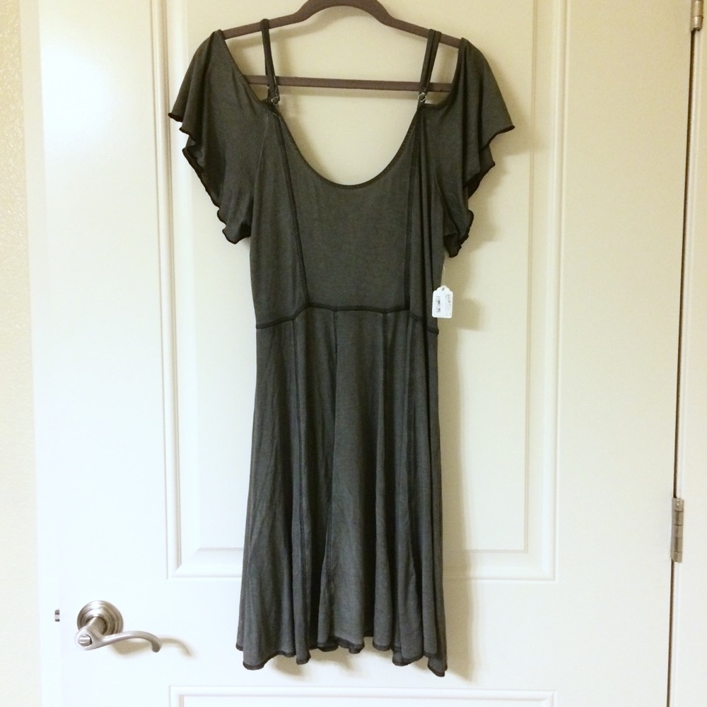 Charcoal Dark Grey Cold Shoulder Flare Dress - Picture 2 of 5